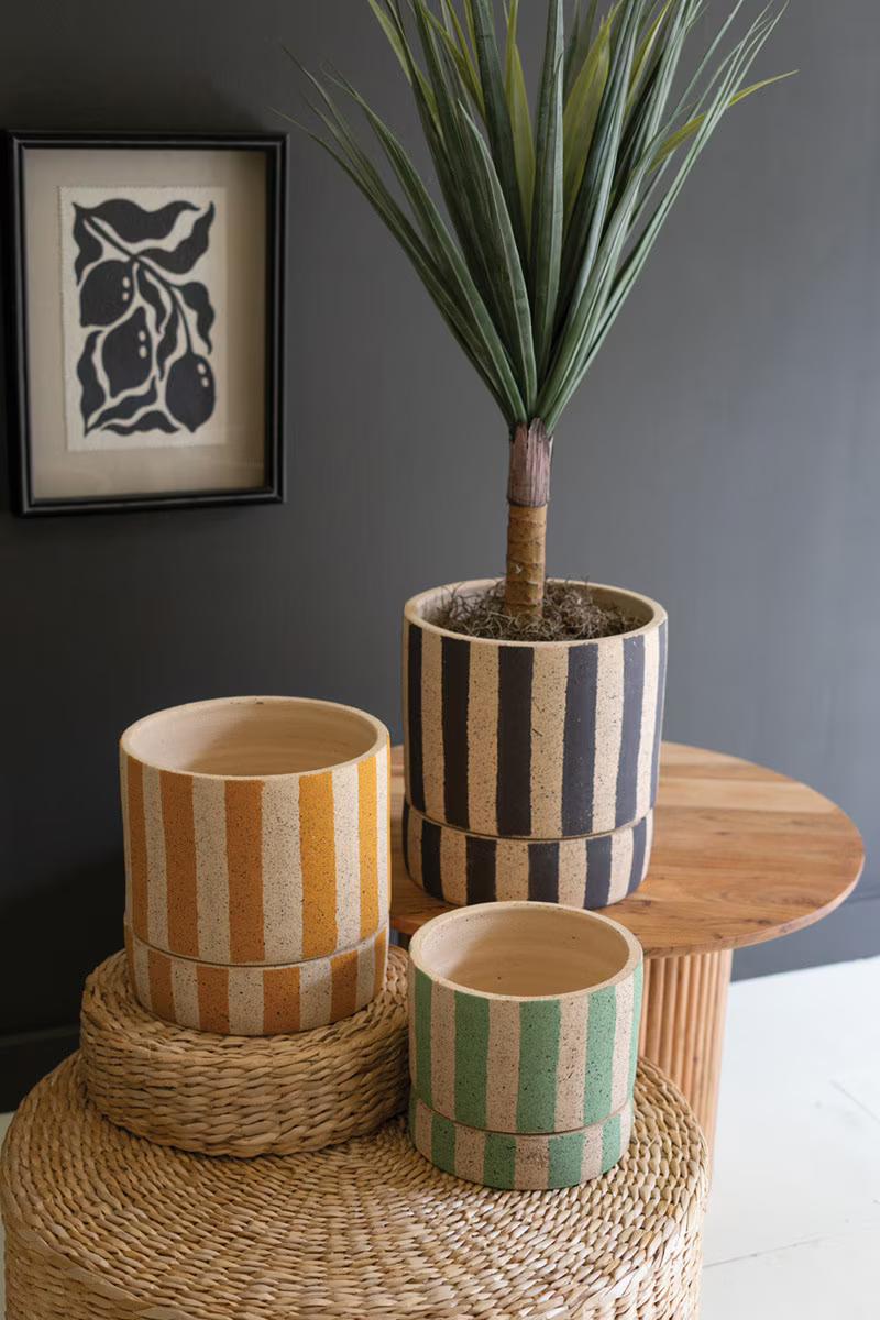 Set Of Three Clay Planters With Striped Details + Trays -One Each Size By Kalalou | Planters, Troughs & Cachepots | Modishstore - 1