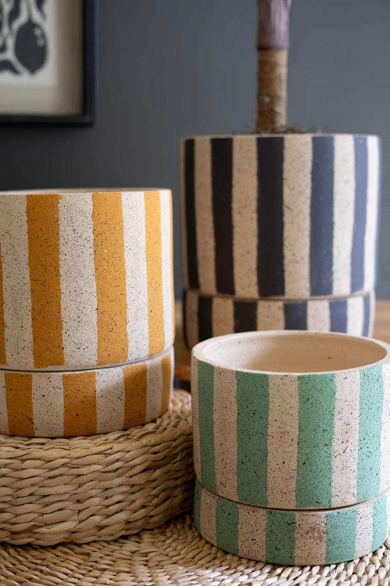Set Of Three Clay Planters With Striped Details + Trays -One Each Size By Kalalou | Planters, Troughs & Cachepots | Modishstore - 3