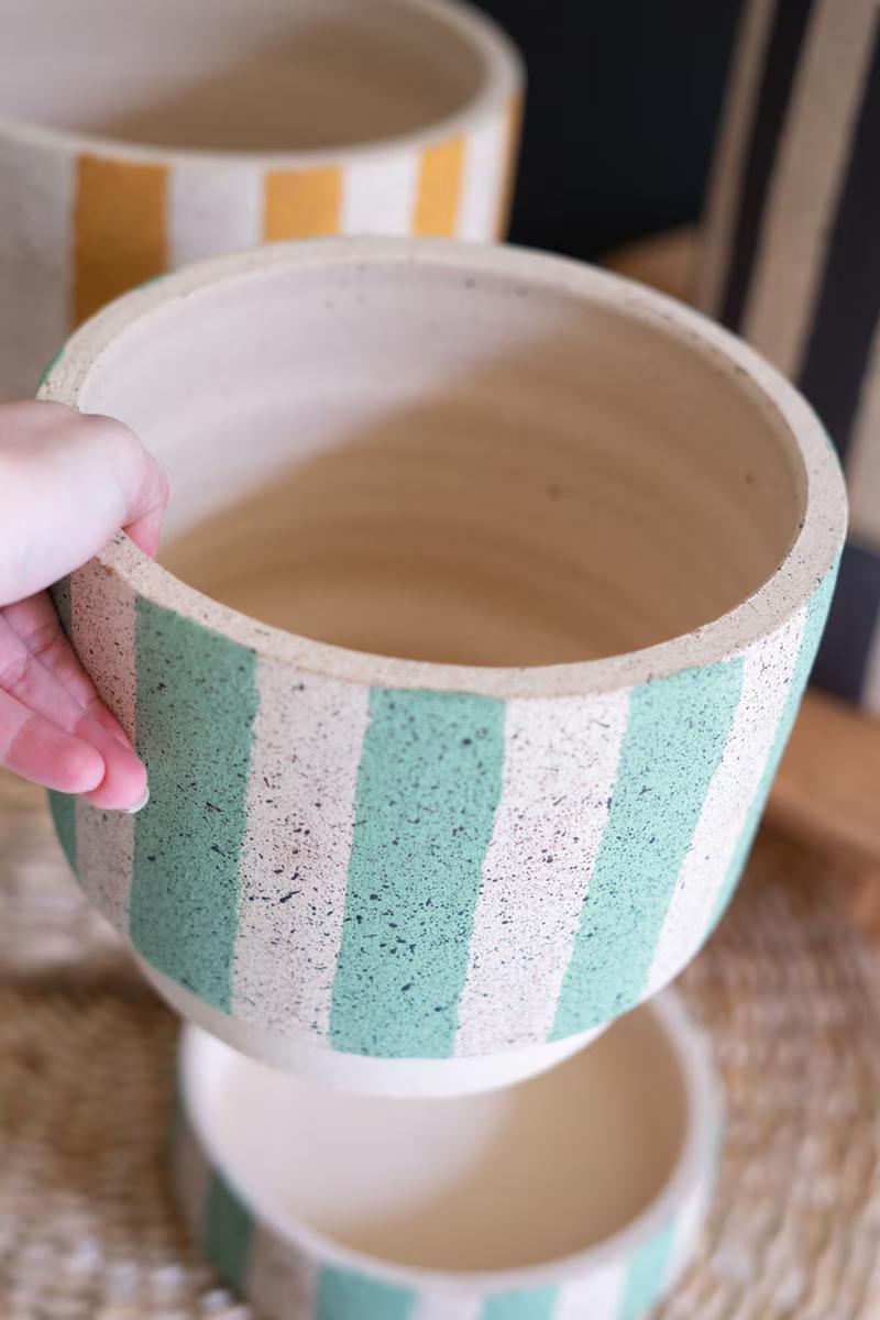 Set Of Three Clay Planters With Striped Details + Trays -One Each Size By Kalalou | Planters, Troughs & Cachepots | Modishstore - 2