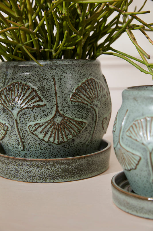 Biloba Pot with Saucer Set of 2 By Accent Decor | Planters, Troughs & Cachepots | Modishstore - 1