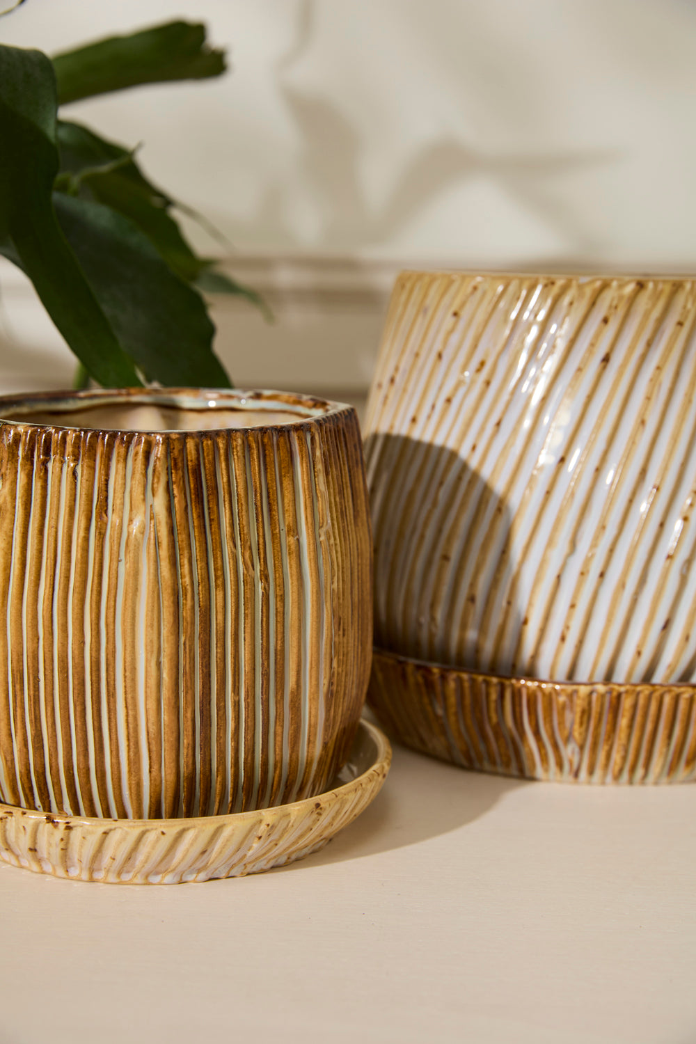 Carved Pot with Saucer Set of 2 By Accent Decor | Planters, Troughs & Cachepots | Modishstore - 1