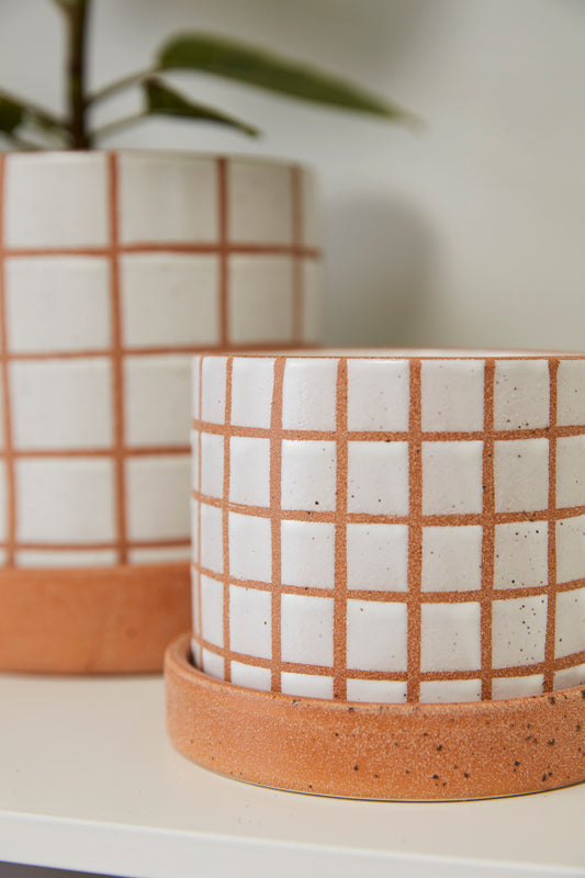 Grid Line Pot with Saucer Set of 4 By Accent Decor | Planters, Troughs & Cachepots | Modishstore - 1