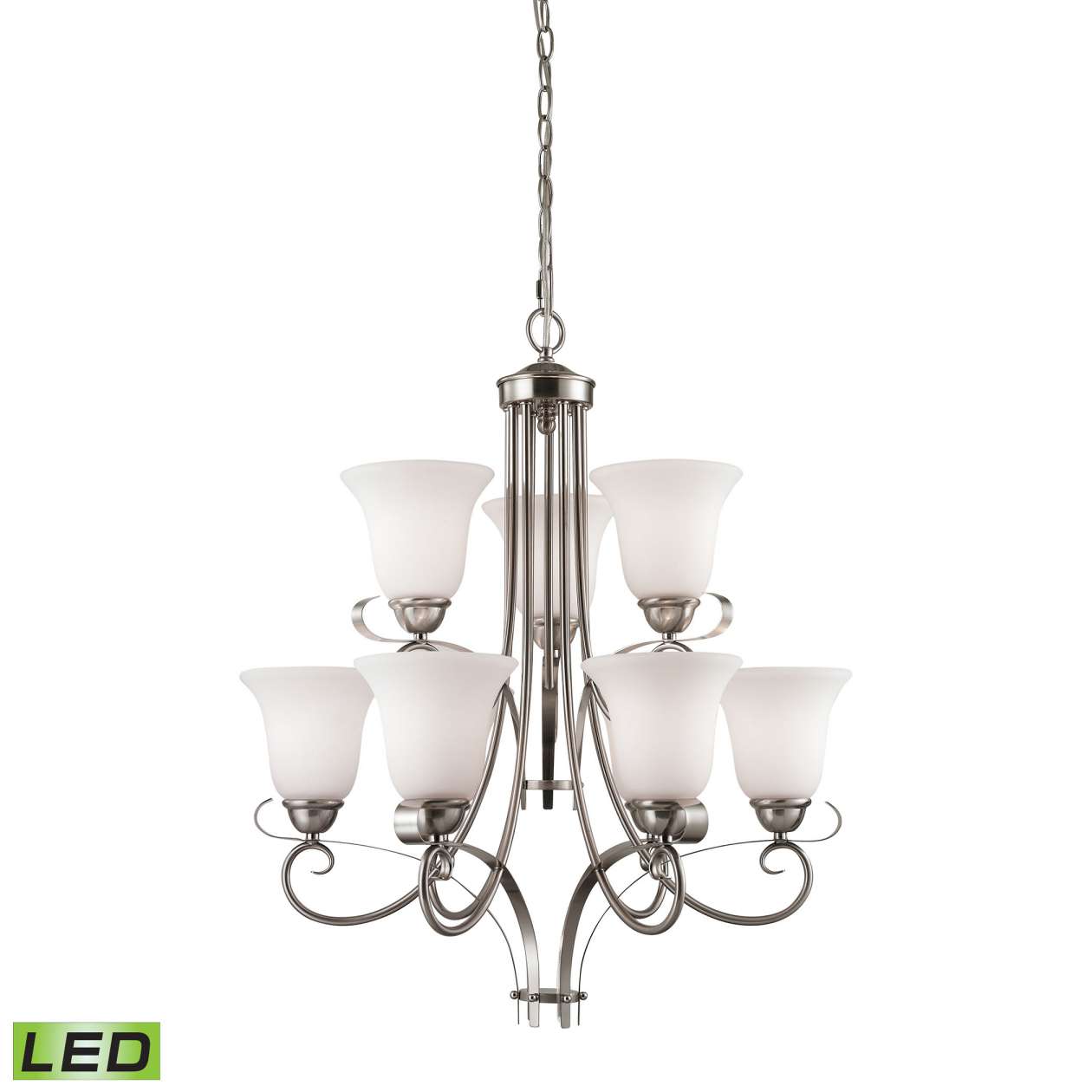 Brighton 9-Light Chandelier in Brushed Nickel with White Glass - LED | Chandeliers | Modishstore