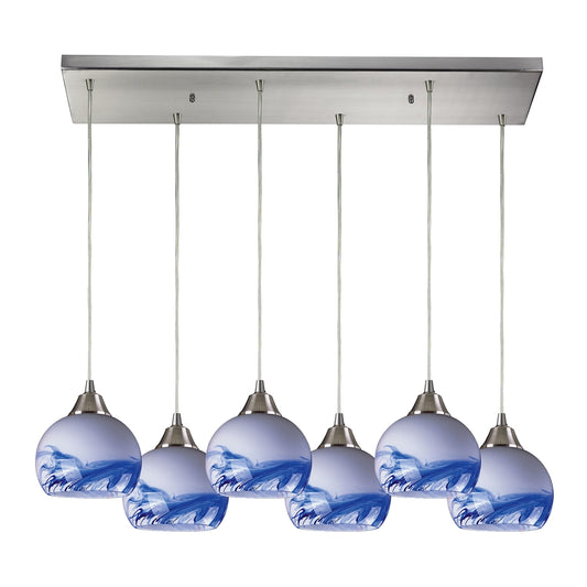 Mela 6-Light Rectangular Pendant Fixture in Satin Nickel with Hand-blown Blue Glass ELK Lighting | Pendant Lamps | Modishstore