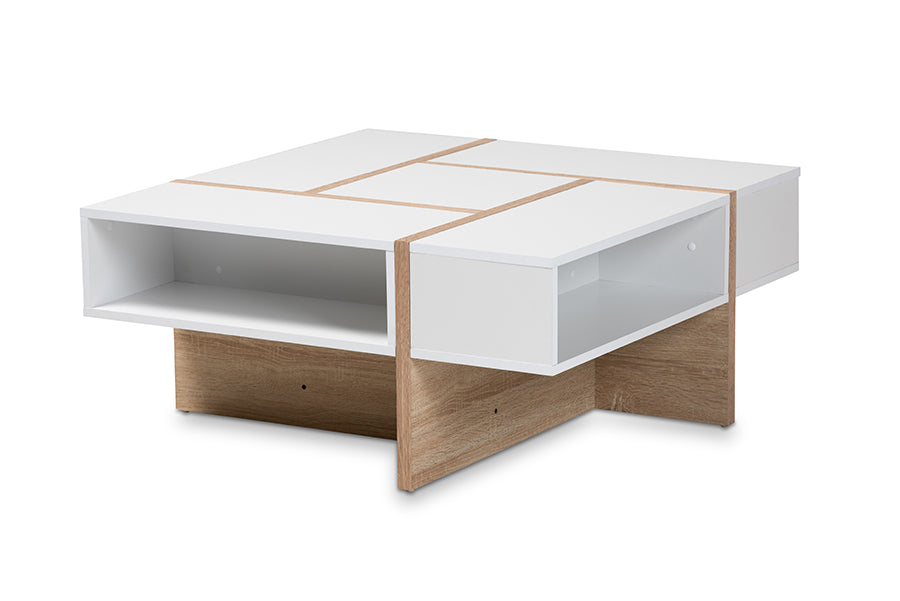 baxton studio rasa modern and contemporary two tone white and oak finished wood coffee table | Modish Furniture Store-2