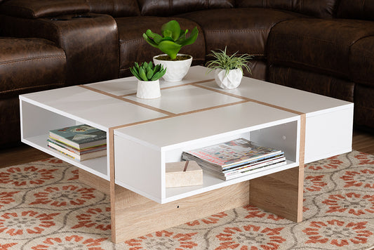Baxton Studio Rasa Modern and Contemporary Two-Tone White and Oak Finished Wood Coffee Table | Modishstore | Coffee Tables