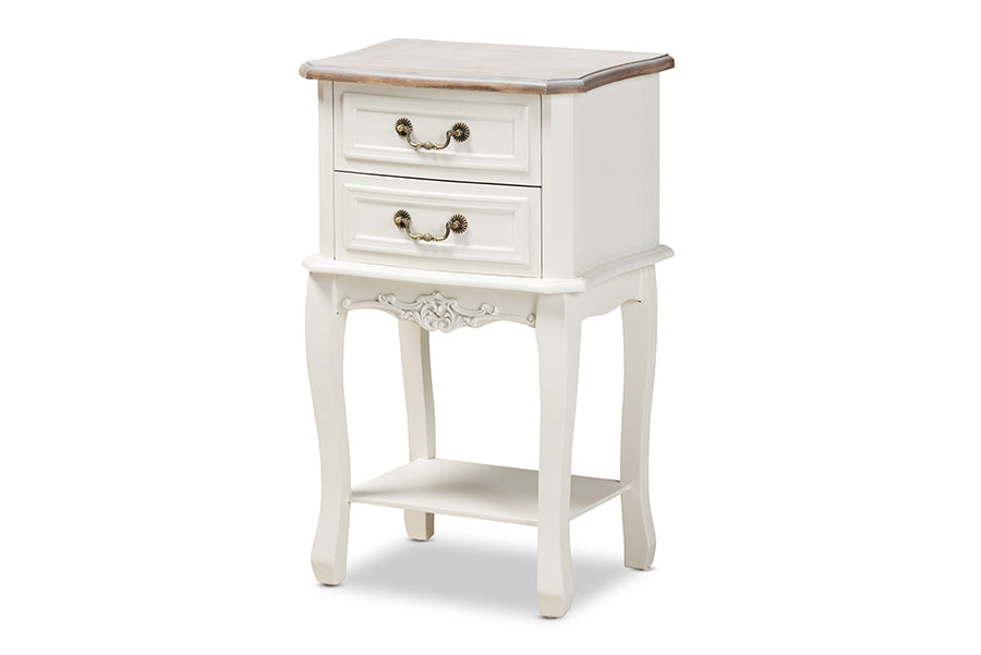 baxton studio amalie antique french country cottage two tone white and oak finished 2 drawer wood nightstand | Modish Furniture Store-2