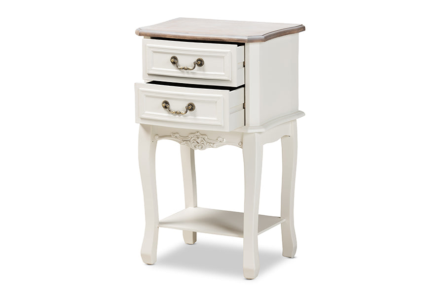 baxton studio amalie antique french country cottage two tone white and oak finished 2 drawer wood nightstand | Modish Furniture Store-3