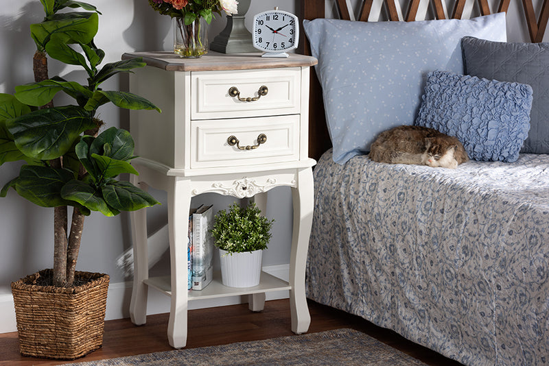 Baxton Studio Amalie Antique French Country Cottage Two-Tone White and Oak Finished 2-Drawer Wood Nightstand | Modishstore | Nightstands