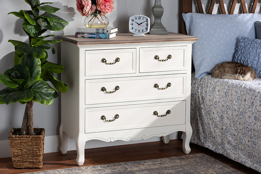 Baxton Studio Amalie Antique French Country Cottage Two-Tone White and Oak Finished 4-Drawer Accent Storage Cabinet | Modishstore | Cabinets