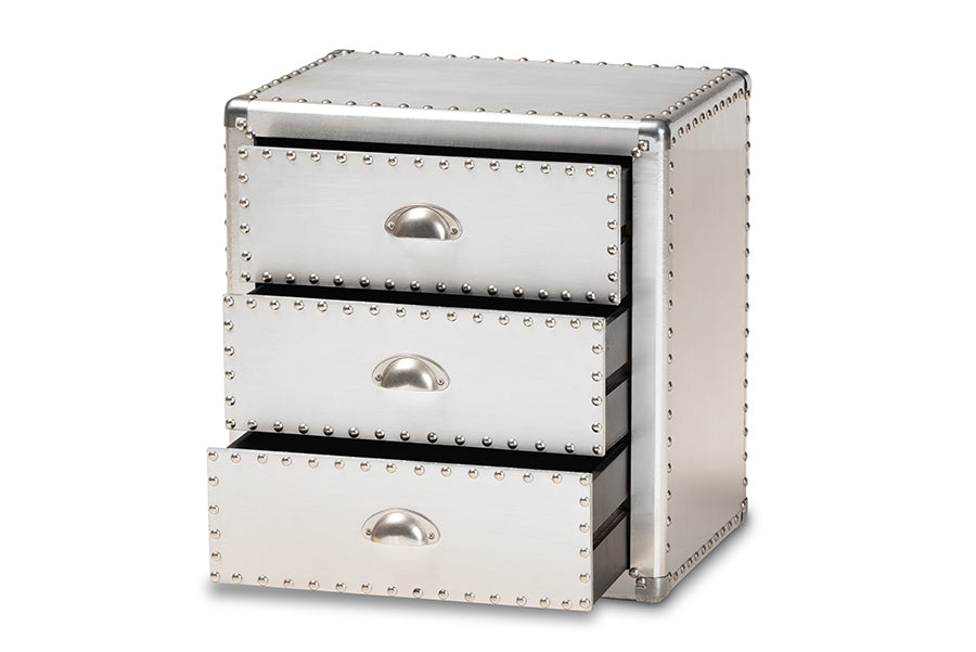 Baxton Studio Armel French Industrial Silver Metal 3-Drawer Nightstand | Nightstands | Modishstore - 8