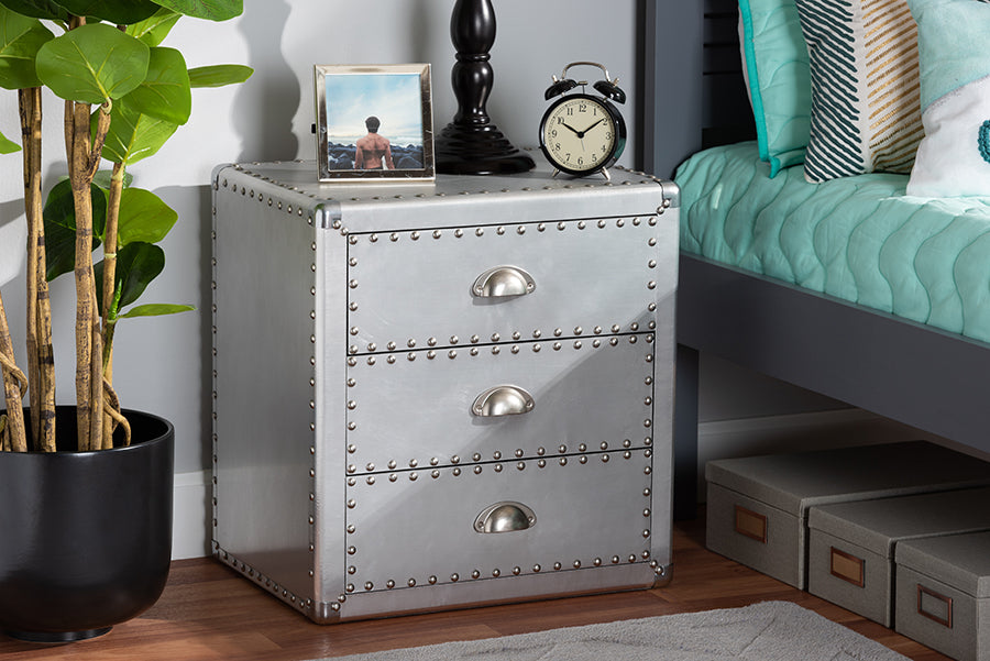 Baxton Studio Armel French Industrial Silver Metal 3-Drawer Nightstand | Nightstands | Modishstore - 2