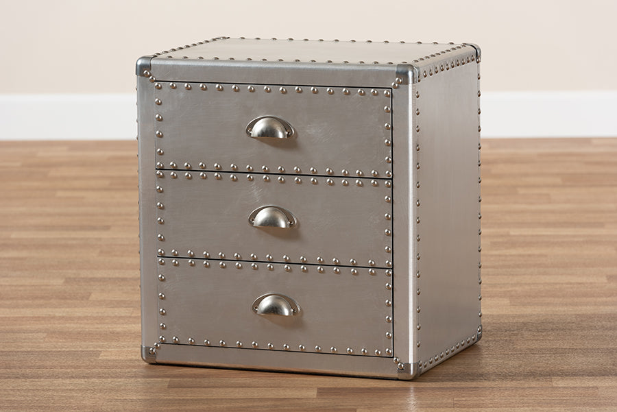 Baxton Studio Armel French Industrial Silver Metal 3-Drawer Nightstand | Nightstands | Modishstore - 3