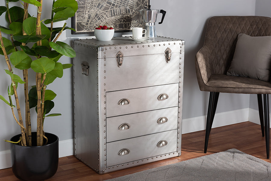 Baxton Studio Serge French Industrial Silver Metal 3-Drawer Accent Storage Cabinet | Modishstore | Cabinets