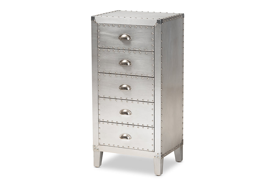 baxton studio carel french industrial silver metal 5 drawer accent storage cabinet | Modish Furniture Store-3