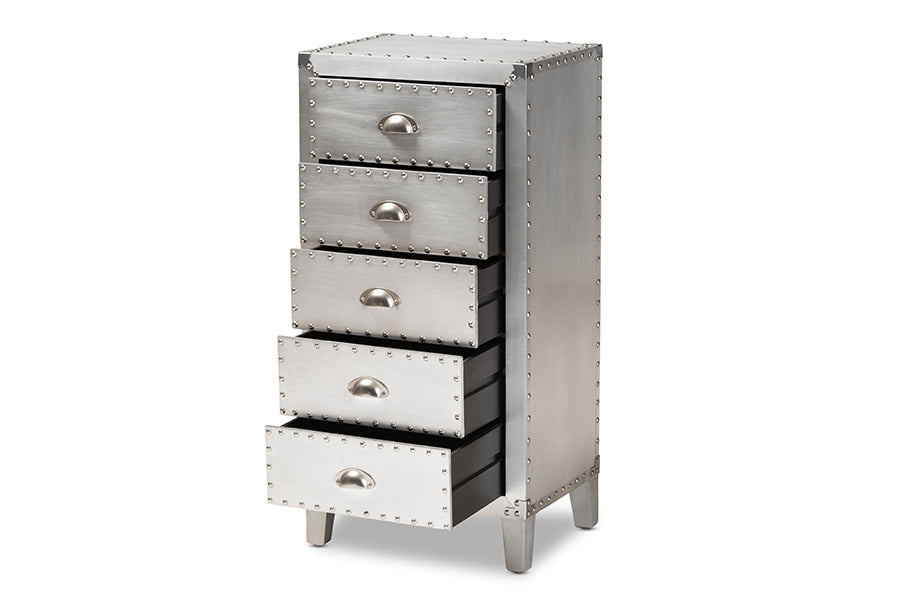 baxton studio carel french industrial silver metal 5 drawer accent storage cabinet | Modish Furniture Store-2