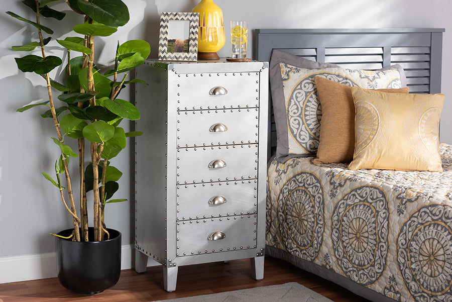 Baxton Studio Carel French Industrial Silver Metal 5-Drawer Accent Storage Cabinet | Modishstore | Cabinets