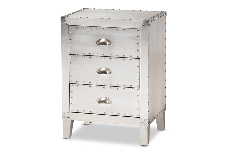 baxton studio claude french industrial silver metal 3 drawer nightstand | Modish Furniture Store-2