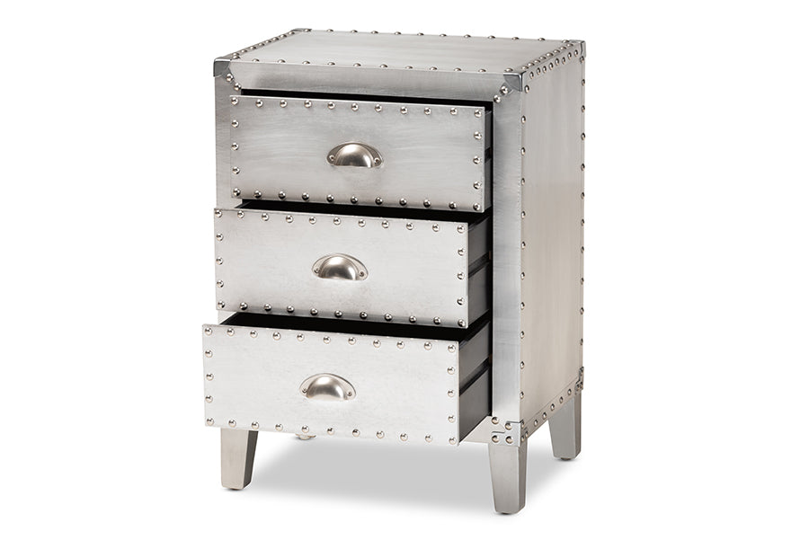 baxton studio claude french industrial silver metal 3 drawer nightstand | Modish Furniture Store-3