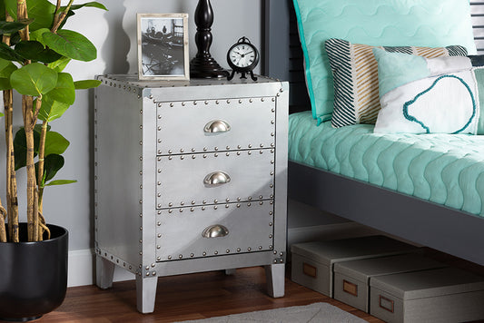 Baxton Studio Claude French Industrial Silver Metal 3-Drawer Nightstand | Modishstore | Nightstands