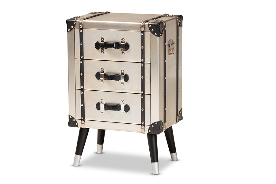 baxton studio dilan vintage industrial antique silver finished metal trunk inspired 3 drawer nightstand | Modish Furniture Store-2