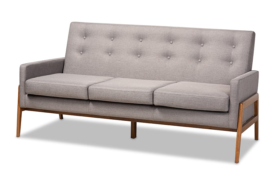 baxton studio perris mid century modern light grey fabric upholstered walnut finished wood sofa | Modish Furniture Store-2