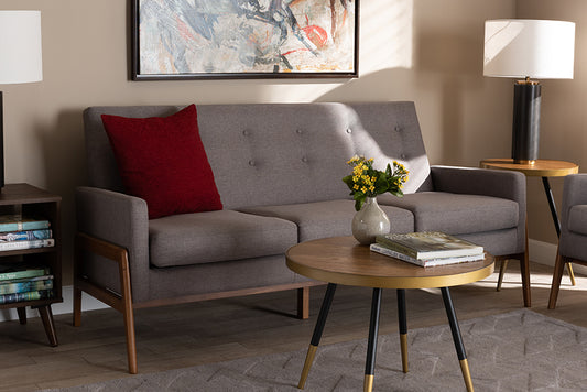 Baxton Studio Perris Mid-Century Modern Light Grey Fabric Upholstered Walnut Finished Wood Sofa | Modishstore | Sofas