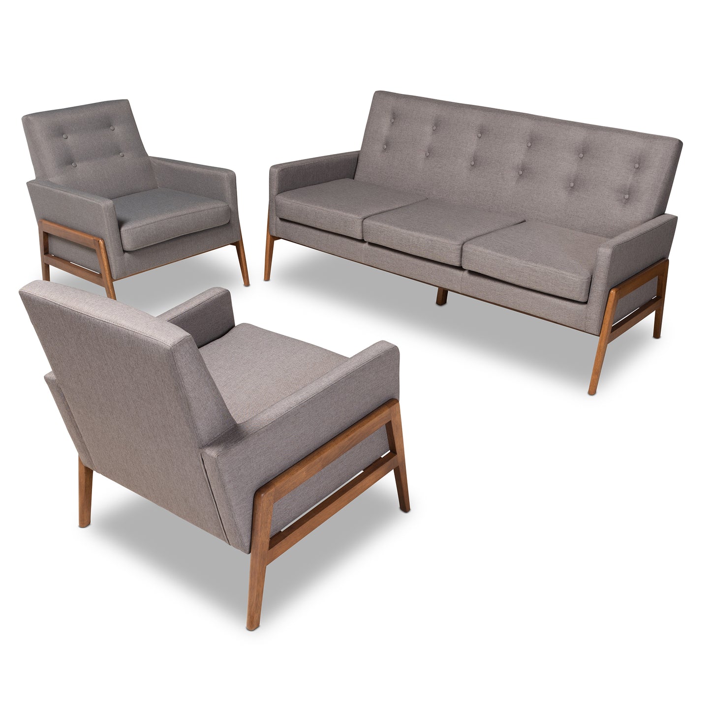 Baxton Studio Perris Mid-Century Modern Light Grey Fabric Upholstered Walnut Finished Wood 3-Piece Living Room Set | Sofas | Modishstore