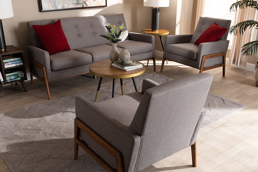 Baxton Studio Perris Mid-Century Modern Light Grey Fabric Upholstered Walnut Finished Wood 3-Piece Living Room Set | Sofas | Modishstore - 2