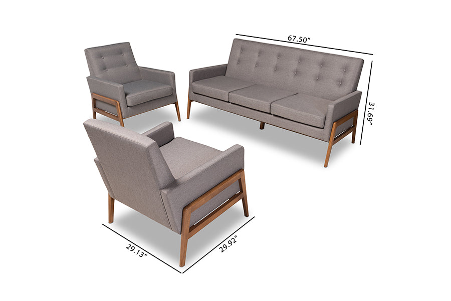 Baxton Studio Perris Mid-Century Modern Light Grey Fabric Upholstered Walnut Finished Wood 3-Piece Living Room Set | Sofas | Modishstore - 6
