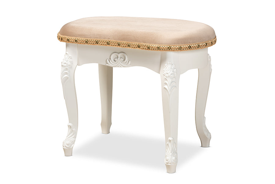 baxton studio gabrielle traditional french country provincial sand velvet fabric upholstered white finished wood vanity ottoman | Modish Furniture Store-2