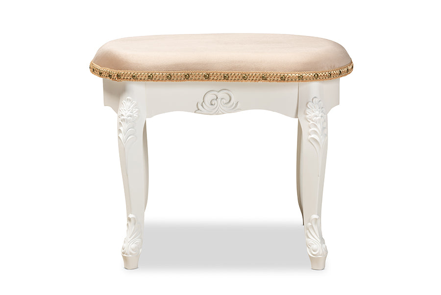 baxton studio gabrielle traditional french country provincial sand velvet fabric upholstered white finished wood vanity ottoman | Modish Furniture Store-3