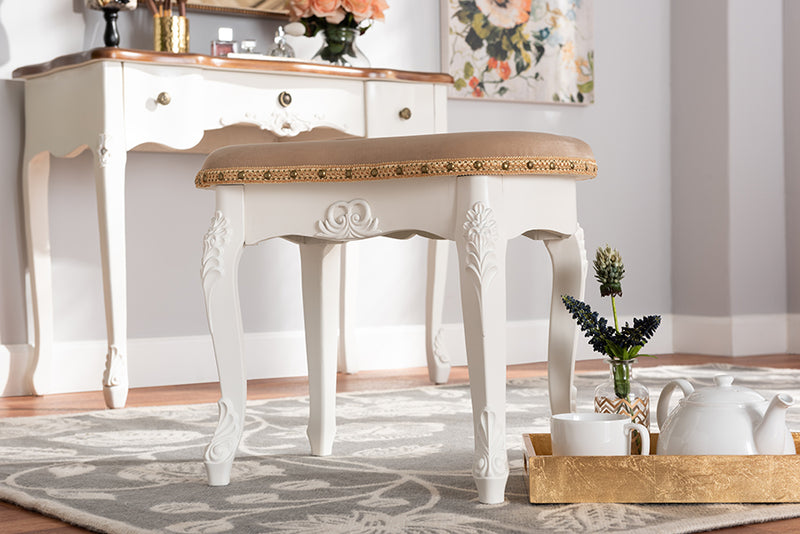 Baxton Studio Gabrielle Traditional French Country Provincial Sand Velvet Fabric Upholstered White-Finished Wood Vanity Ottoman | Modishstore | Ottomans