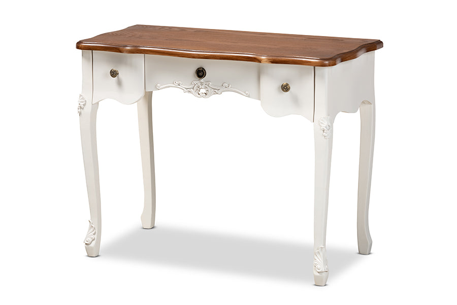 baxton studio sophie classic traditional french country white and brown finished small 3 drawer wood console table | Modish Furniture Store-2
