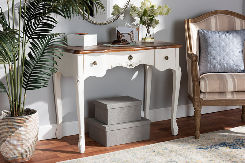 Baxton Studio Sophie Classic Traditional French Country White and Brown Finished Small 3-Drawer Wood Console Table | Modishstore | Console Tables