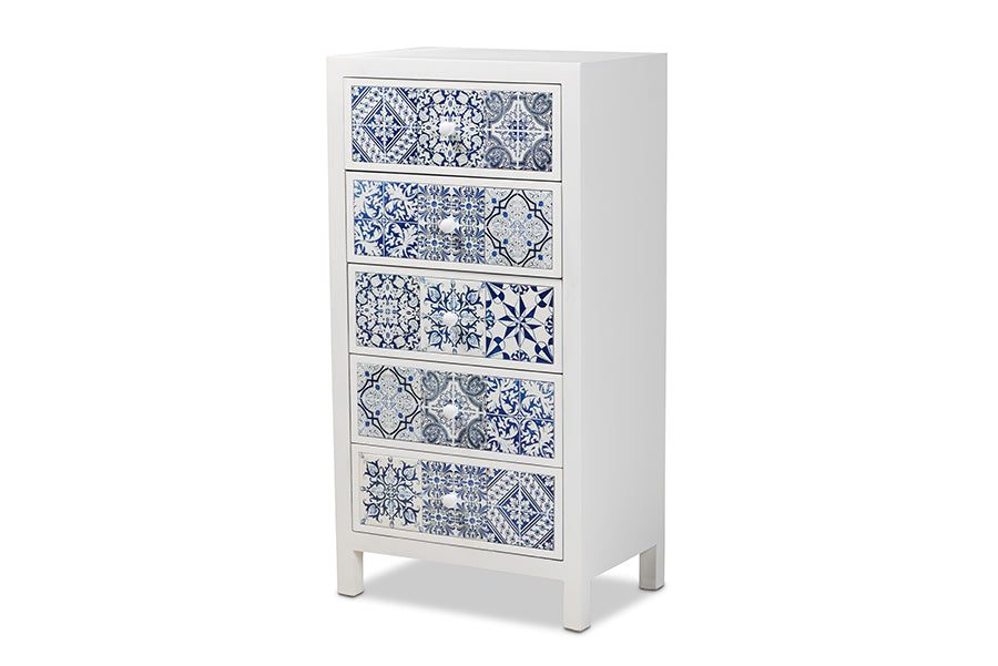 baxton studio alma spanish mediterranean inspired white wood and blue floral tile style 5 drawer accent storage cabinet | Modish Furniture Store-2