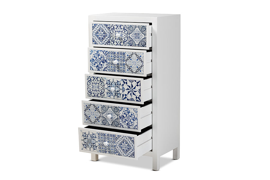 baxton studio alma spanish mediterranean inspired white wood and blue floral tile style 5 drawer accent storage cabinet | Modish Furniture Store-3