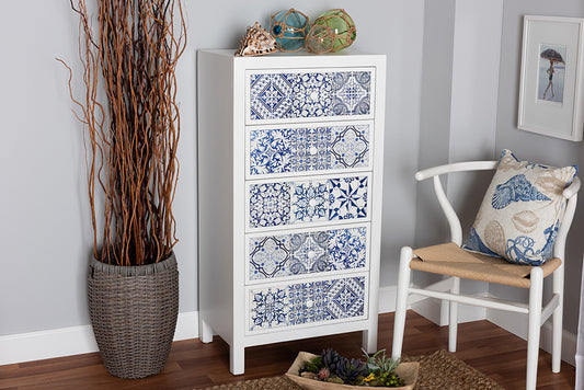 Baxton Studio Alma Spanish Mediterranean Inspired White Wood and Blue Floral Tile Style 5-Drawer Accent Storage Cabinet | Modishstore | Cabinets