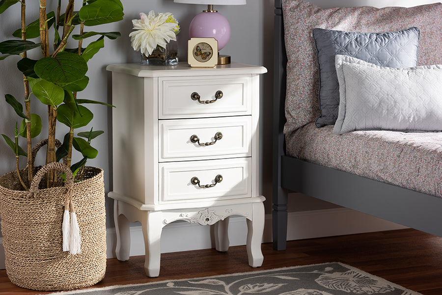 Baxton Studio Gabrielle Traditional French Country Provincial White-Finished 3-Drawer Wood Nightstand | Nightstands | Modishstore - 2