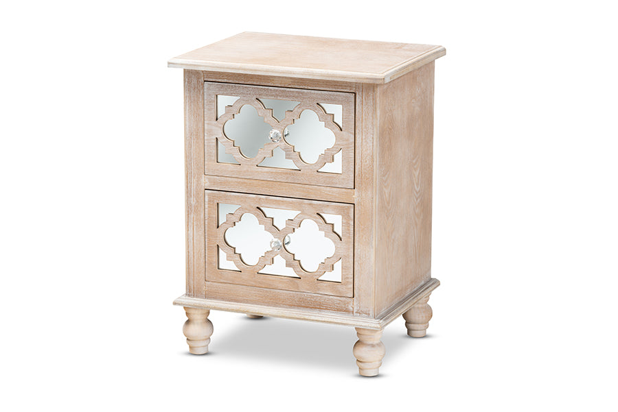 baxton studio celia transitional rustic french country white washed wood and mirror 2 drawer quatrefoil nightstand | Modish Furniture Store-2