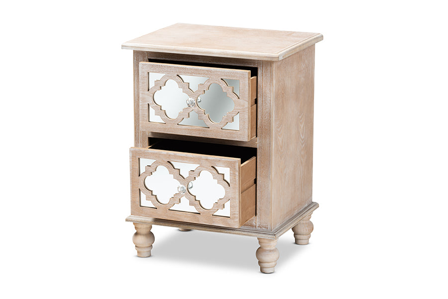 baxton studio celia transitional rustic french country white washed wood and mirror 2 drawer quatrefoil nightstand | Modish Furniture Store-3