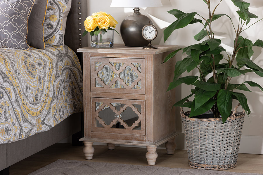 Baxton Studio Celia Transitional Rustic French Country White-Washed Wood and Mirror 2-Drawer Quatrefoil Nightstand | Modishstore | Nightstands