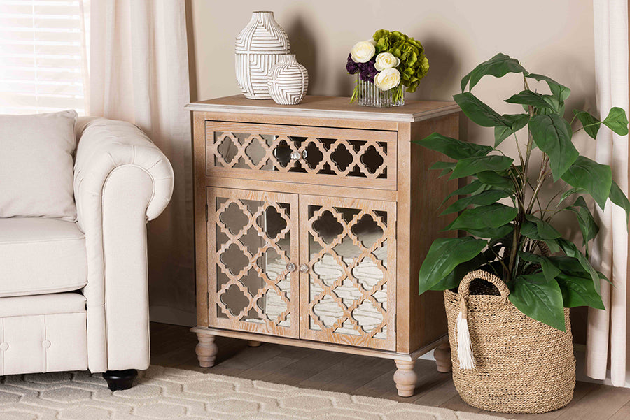 Baxton Studio Leah Glam Farmhouse Rustic Oak Brown Finished Wood and Mirrored 1-Drawer Quatrefoil Storage Cabinet | Modishstore | Cabinets
