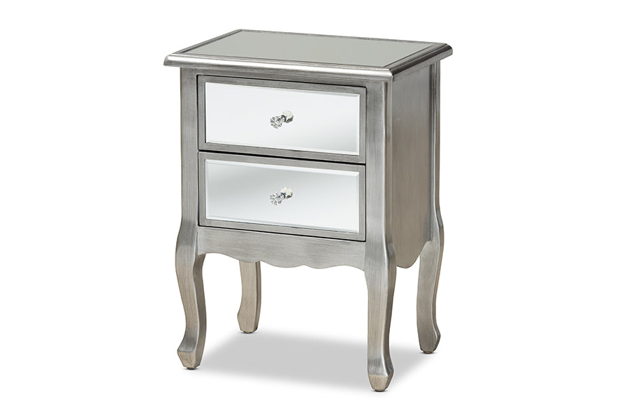 baxton studio leonie modern transitional french brushed silver finished wood and mirrored glass 2 drawer nightstand | Modish Furniture Store-2