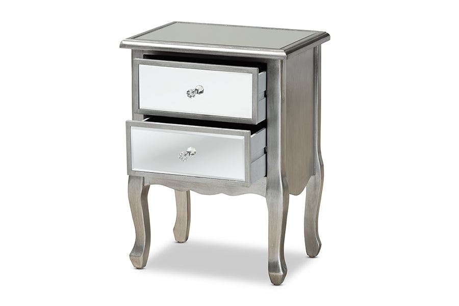baxton studio leonie modern transitional french brushed silver finished wood and mirrored glass 2 drawer nightstand | Modish Furniture Store-3