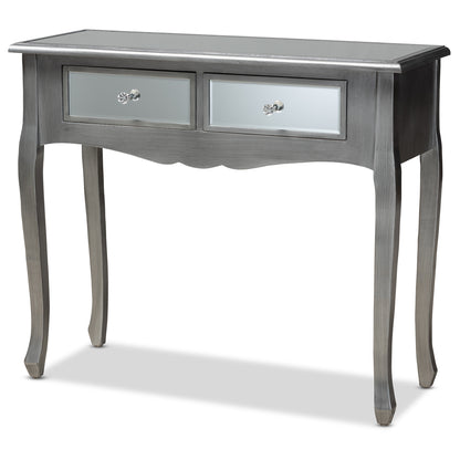Baxton Studio Leonie Modern Transitional French Brushed Silver Finished Wood and Mirrored Glass 2-Drawer Console Table | Console Tables | Modishstore