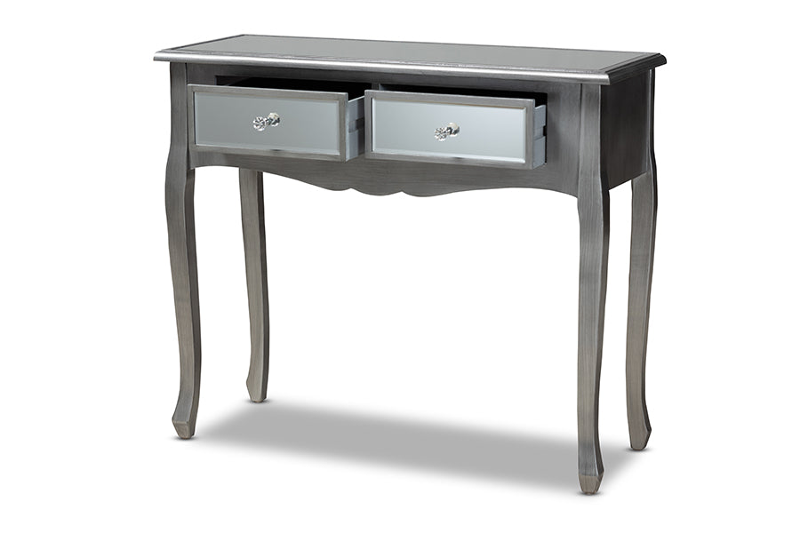 Baxton Studio Leonie Modern Transitional French Brushed Silver Finished Wood and Mirrored Glass 2-Drawer Console Table | Console Tables | Modishstore - 5