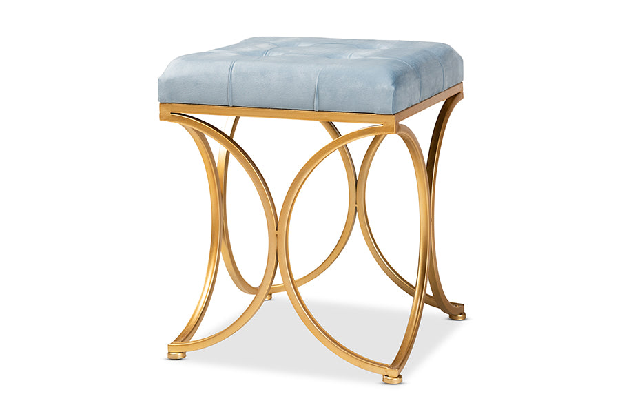 baxton studio margot art deco inspired light blue velvet fabric upholstered gold finished metal ottoman | Modish Furniture Store-2