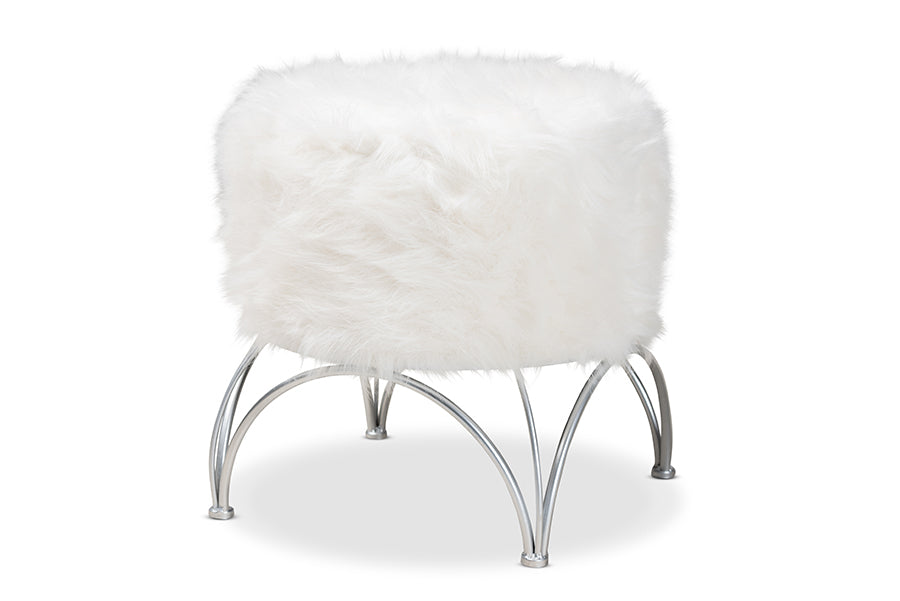 baxton studio celia modern and contemporary white faux fur upholstered silver metal ottoman | Modish Furniture Store-2