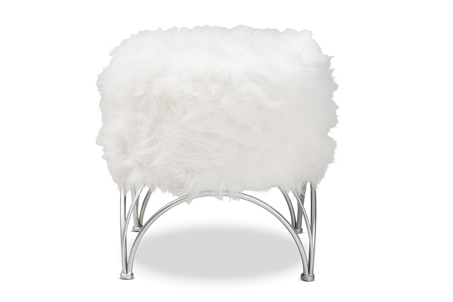baxton studio celia modern and contemporary white faux fur upholstered silver metal ottoman | Modish Furniture Store-3